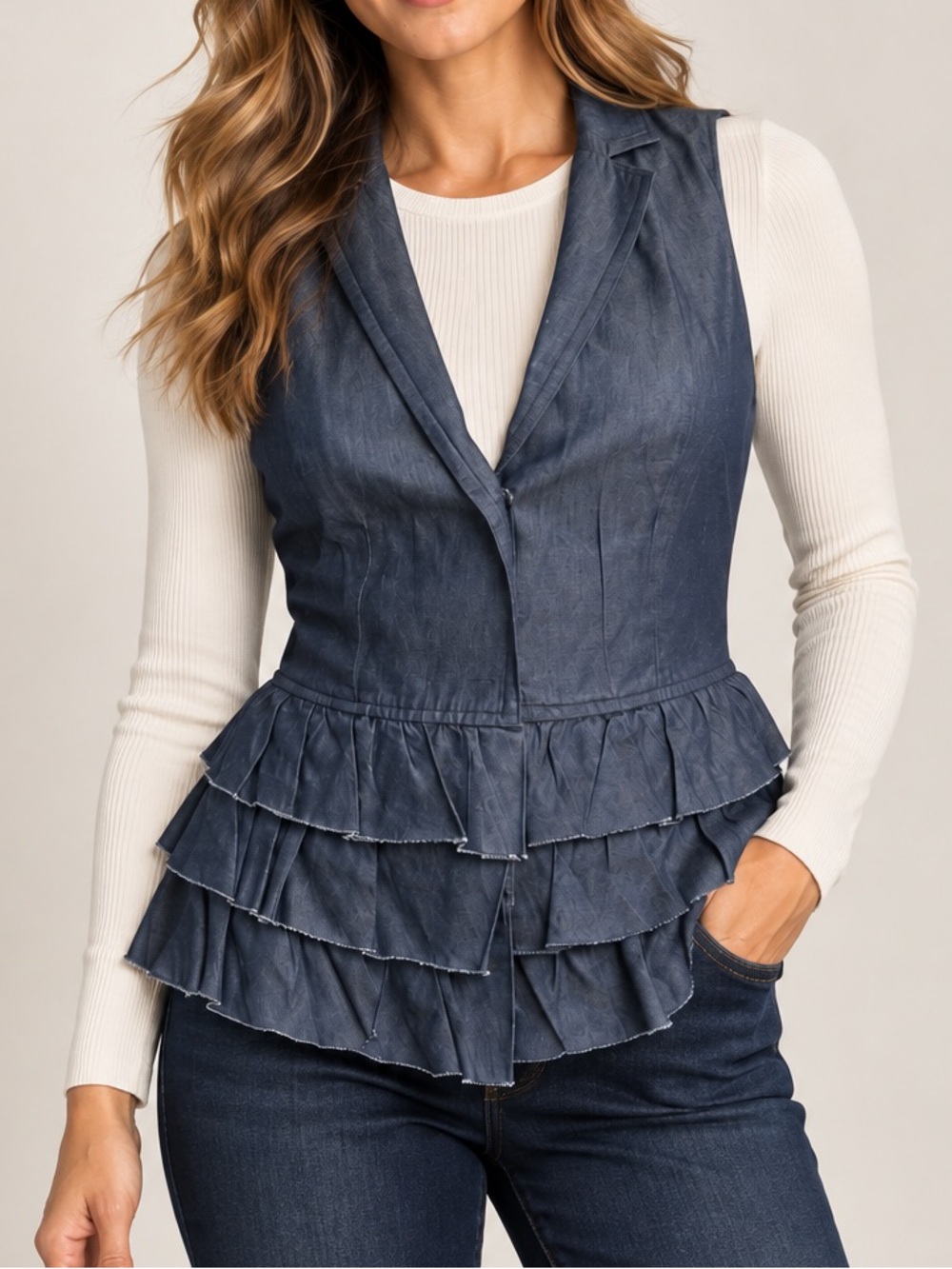 Banana Republic Denim Peplum Ruffle Vest Italian Fabric Blue Size 4